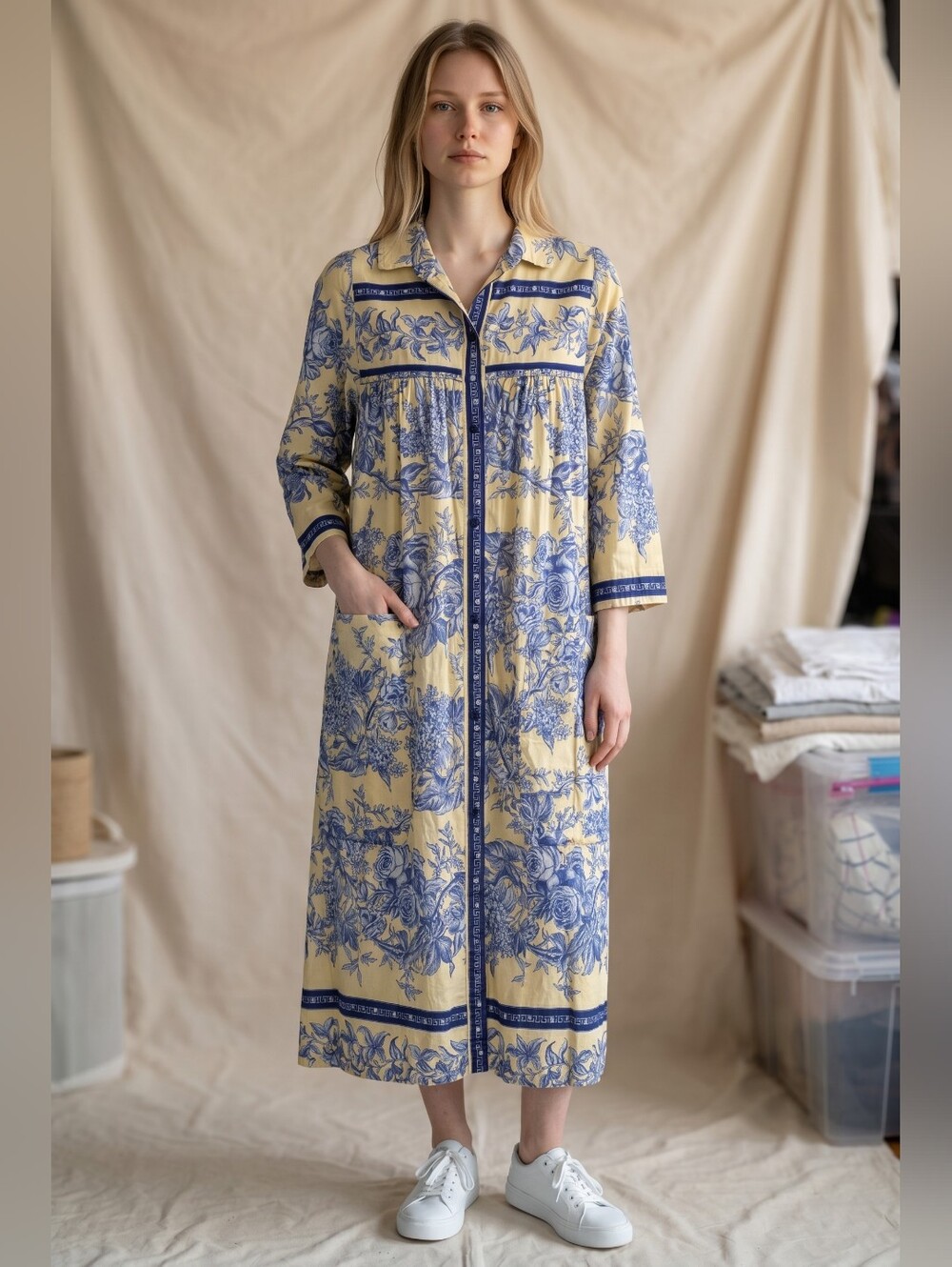 Vintage Models Coat Yellow Blue Floral Toile Button Front Duster Shirt Dress - Picture 3 of 7